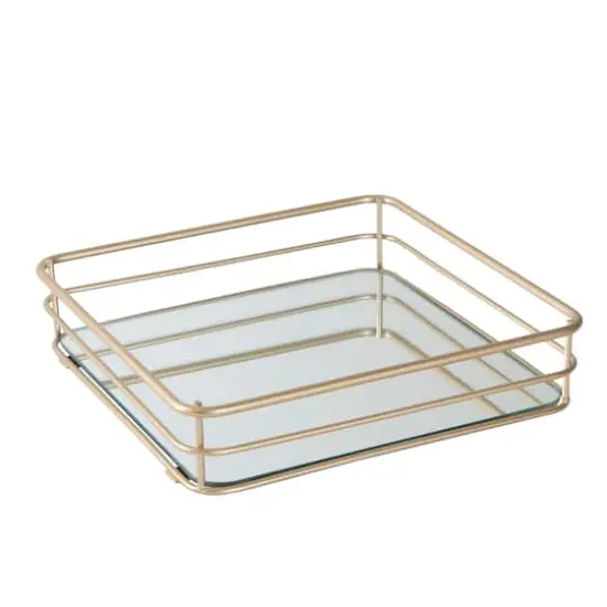 Elle D&eacute;cor Satin Gold Square Mirrored Bottom Vanity Tray {1}