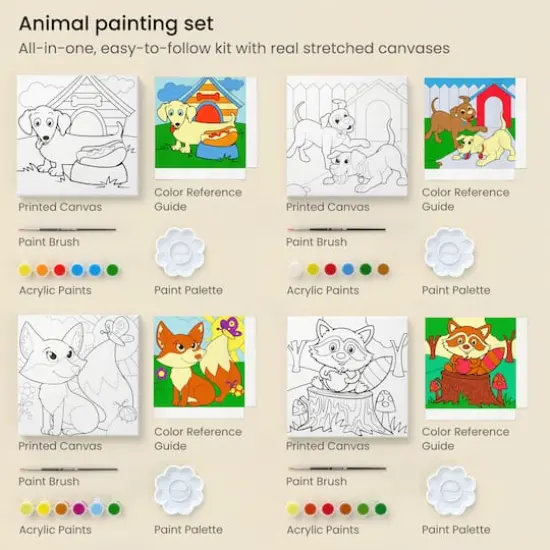 Arteza&reg; Kids Canvas Paint Kit, 4 8x8 Canvas with Brushes & Paints Animals {3}