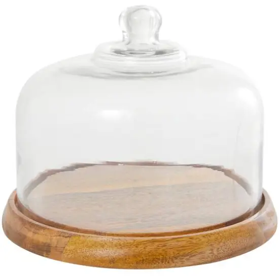 10" Brown Mango Wood Decorative Cake Stand with Glass Cloche {5}
