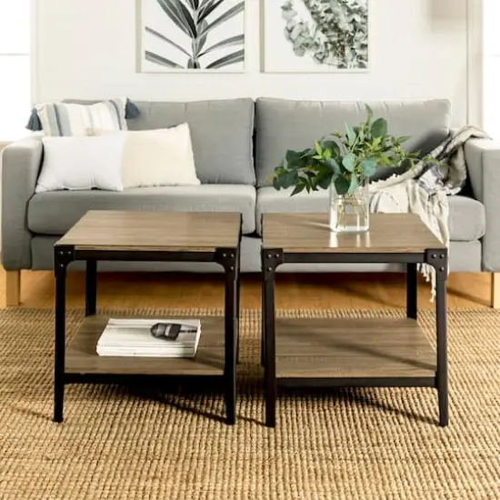 Walker Edison Driftwood Angle Iron Rustic Wood Side Table Set {3}