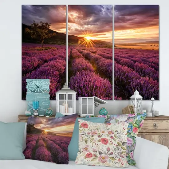 Designart - Sunrise & Dramatic Clouds Over Lavender Field IV - Farmhouse Canvas Wall Art Print {3}