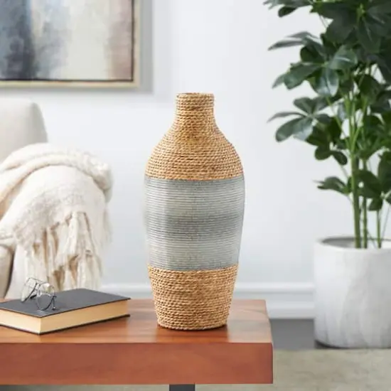 19" Brown Seagrass Handmade Wrapped Vase with Layered Gray Paneling {5}