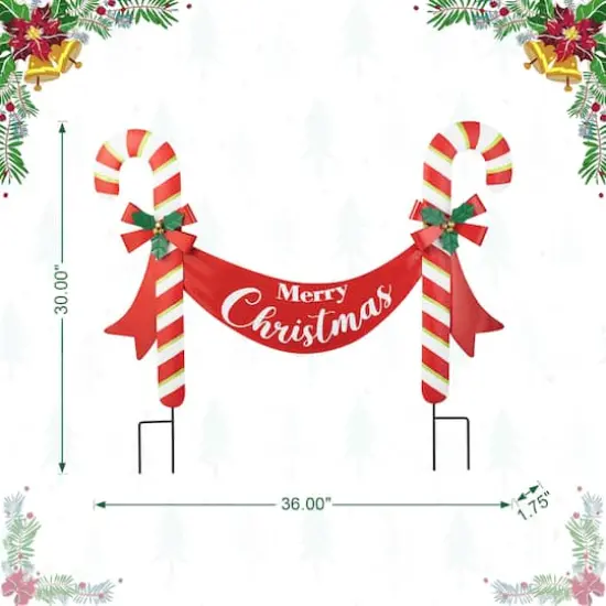 Glitzhome&reg; 3ft. Merry Christmas Candy Cane Metal Yard Stake {7}