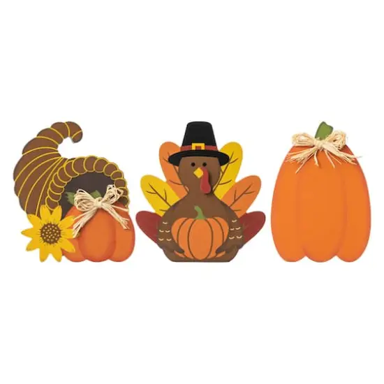 Glitzhome&reg; 7" Thanksgiving Wooden Pumpkin, Turkey & Croissant Table D&eacute;cor Set {7}