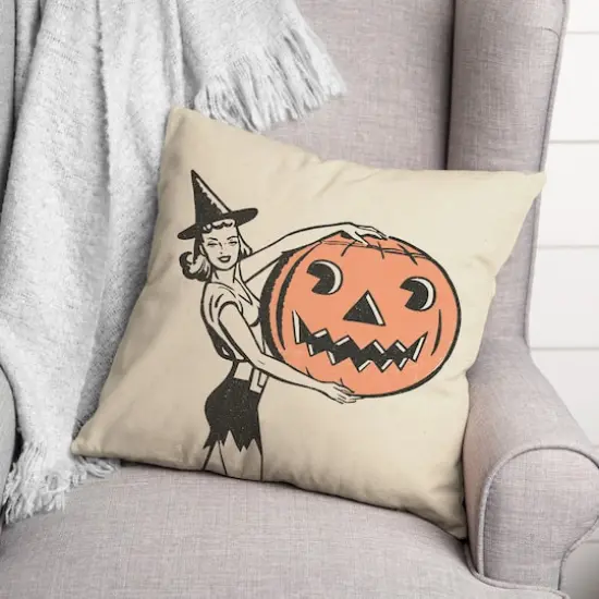 Vintage Witch & Pumpkins Throw Pillow {3}