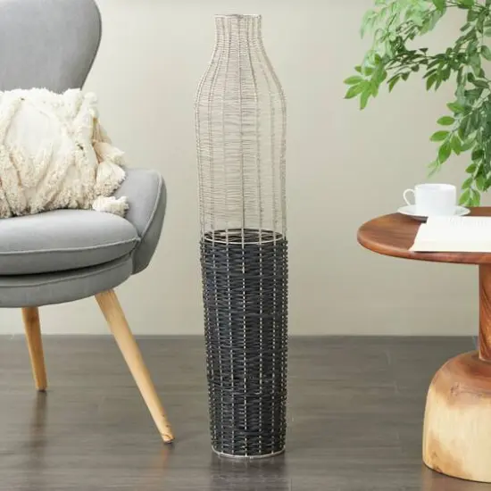 36" Silver Metal Vase with Woven Black Rattan Base {11}