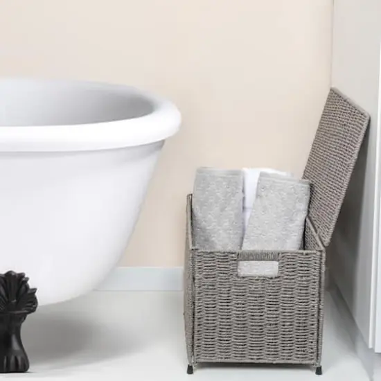 Gray Woven Paper Rope Storage Chest with Hinged Lid & Integrated Handles {3}