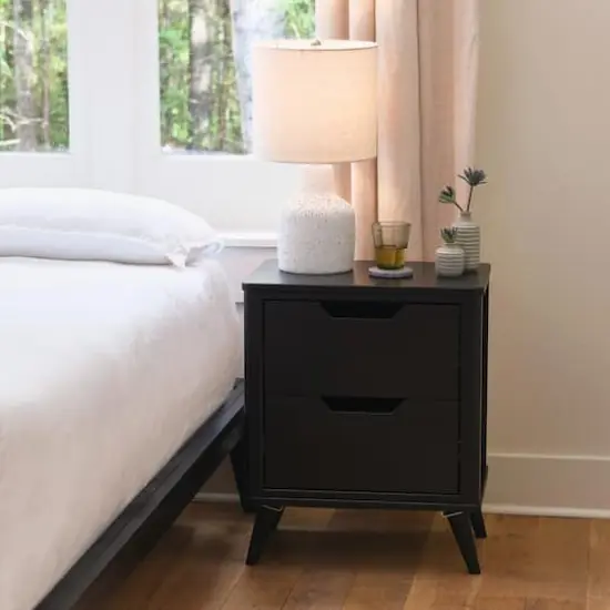 Hello Honey&reg; 26" Yume Mid Century Modern Solid Wood Nightstand with 2 Storage Drawers Black Stain Finish {3}