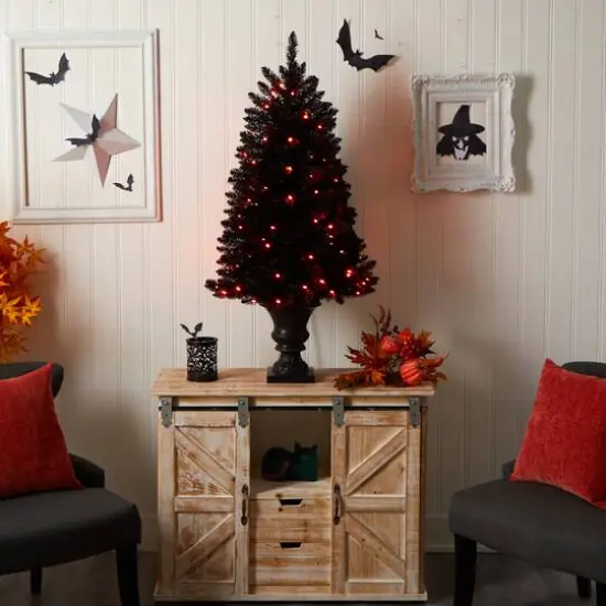 4ft. Black Artificial Halloween Tree in Urn, Orange LED Lights {10}