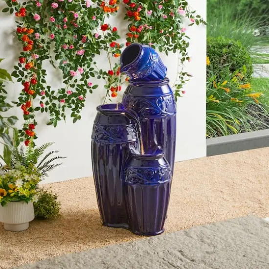 Glitzhome&reg; 35.5" Oversized 4-Tier Embossed Pattern Ceramic Pots Outdoor Fountain with LED Light {6}