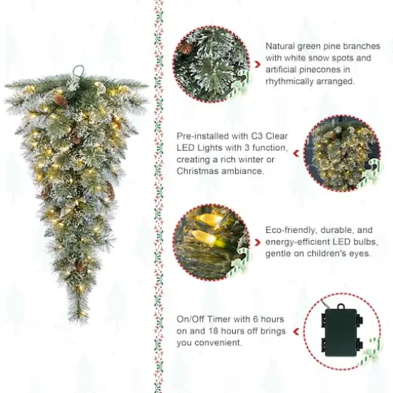 Glitzhome&reg; 3ft Pre-Lit Frosted Greenery Pinecones Christmas Teardrop, LED Lights and Timer {8}