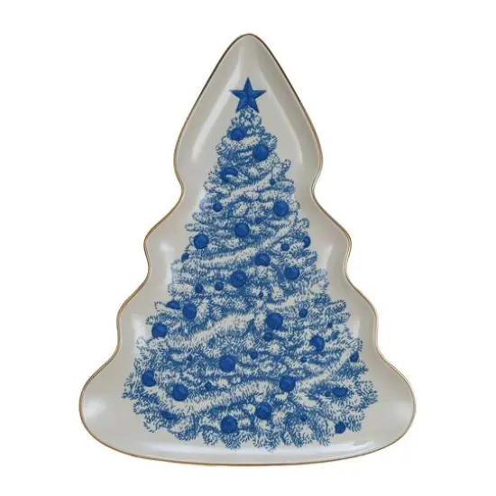 Hello Honey&reg; 13" Blue & Cream Stoneware Christmas Tree Serving Plate with Gold Rim {1}