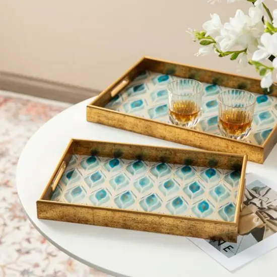 Glitzhome&reg; Rectangle Peacock Feathers Patterned Decorative Trays Set {3}