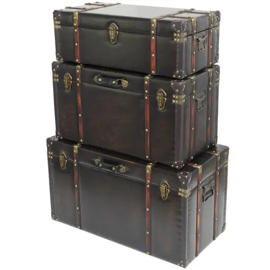 Dark Brown Faux Leather Studded Trunk with Latches & Handles Set {8}