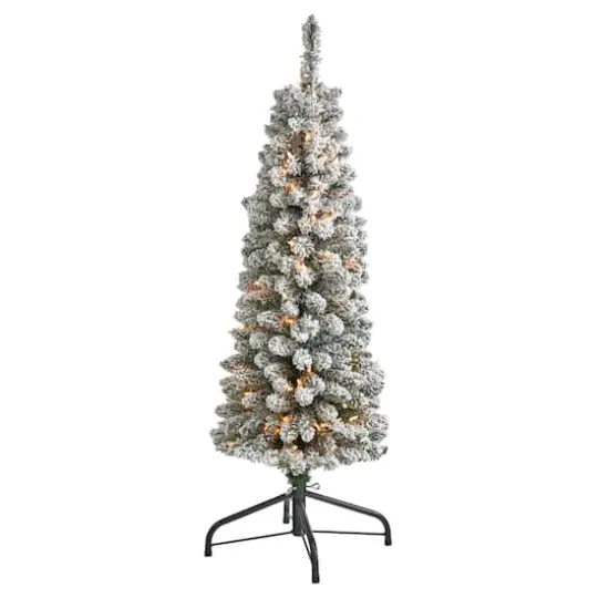4ft. Pre-Lit Flocked Pencil Artificial Christmas Tree with Clear LED Lights {1}