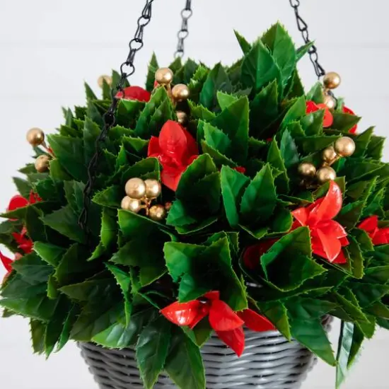 24in. Pre-Lit UV Resistant Artificial Red Tip Photinia & Gold Berries Christmas Hanging Basket with 34 Warm White LED Lights (Indoor/Outdoor) {6}