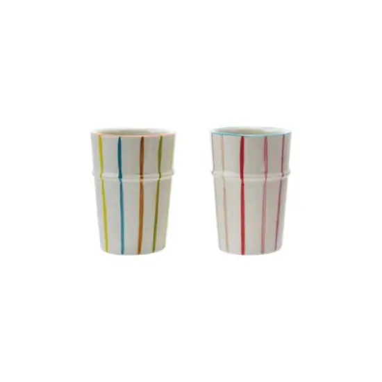 Hello Honey 6-Piece Hand-Painted Stoneware Striped Cup with Colored Rim, Multicolor {1}