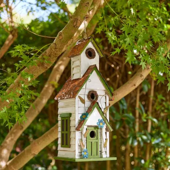 Glitzhome&reg; 20" White & Green Distressed Wood 3-Story Villa Birdhouse {3}