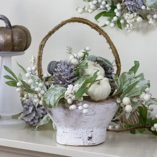 13" Green & Gold Artificial Pumpkin & Leaf Basket Arrangement {3}