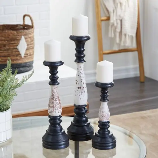 16" Black & White Wood Farmhouse Candlestick Holder Set {9}