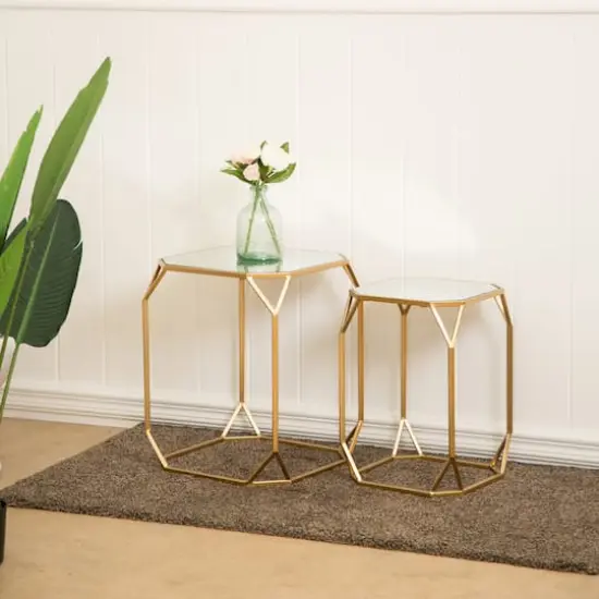 Glitzhome® Gold Metal Square Accent Table with Glass Top Set {4}