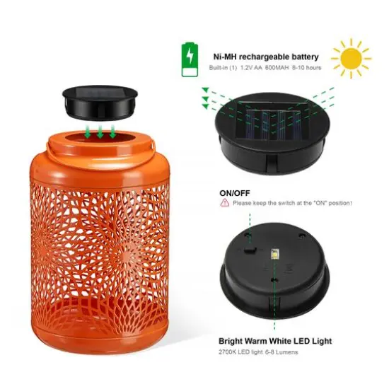 Glitzhome&reg; 8.75" Metal Cutout Solar Powered Hanging Lantern Set Orange {8}