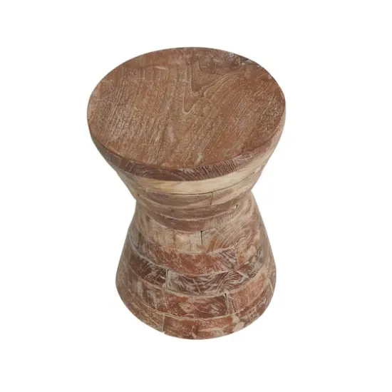 18.5" Brown Teak Wood Handmade Hourglass Accent Table with Stacked Wood Pieces {4}