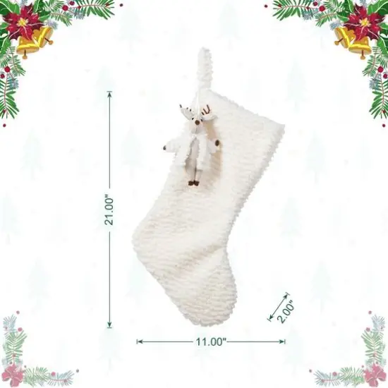 Glitzhome&reg; 21"L White Plush Christmas Stocking with Reindeer Ornament {8}