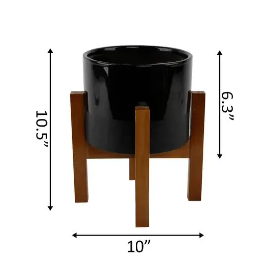 Flora Bunda 8" Black Large 2 Tone Pot On Wood Stand {3}