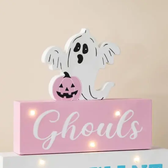 Glitzhome® 11.75"H Halloween Lighted Pink Wooden Ghost Block Word Sign {6}