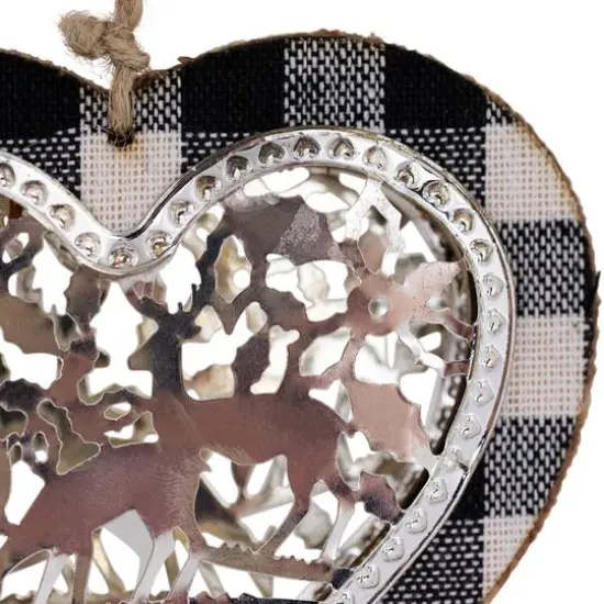 4.25" Black and White Buffalo Plaid Heart with Reindeer Christmas Ornament {9}