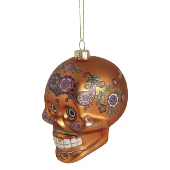 Orange Day of the Dead Glass Skull Halloween Ornament {4}