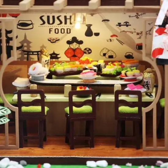 Wizardi Sushi Restaurant Miniature Dollhouse Roombox Kit {4}