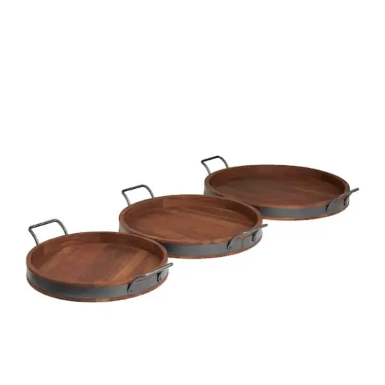 Round Wood Decorative Nesting Tray Set Brown {1}