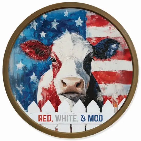 20" x 20" Red, White & Moo Round Framed Print Brown {1}
