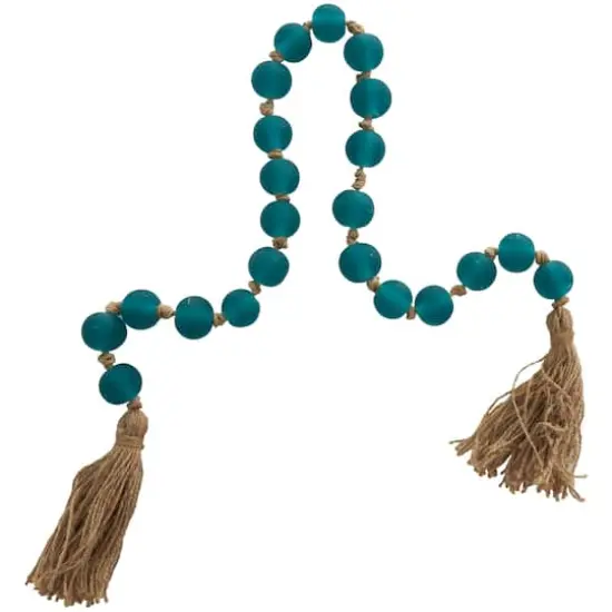 45" Handmade Round Frosted Glass Bead Garland with Tassels & Knotted Jute Dark Teal {4}