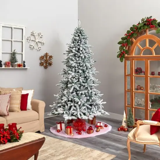 8ft. Pre-Lit Flocked Livingston Fir Artificial Christmas Tree with Pinecones, Clear LED Lights {9}