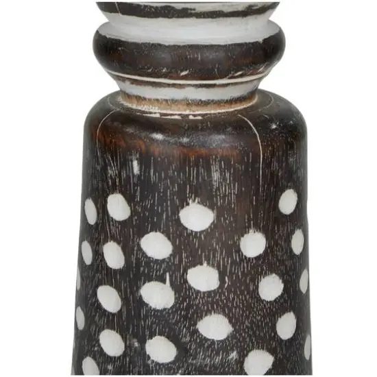 Dark Brown Mango Wood Round Carved Dotted Pillar Candle Holder Set {4}