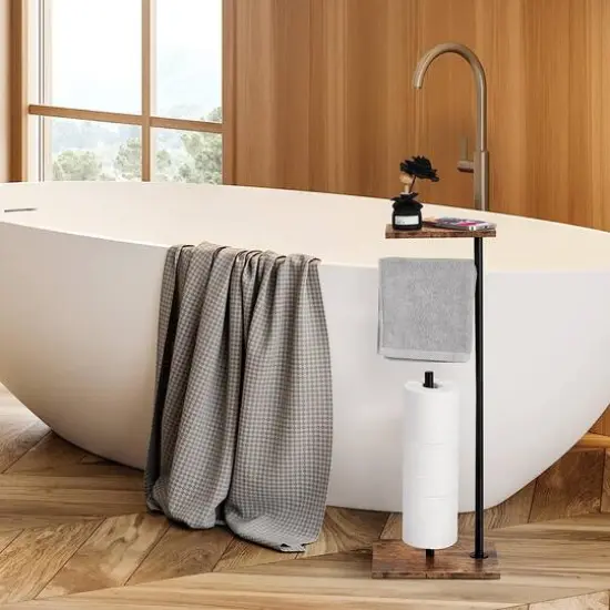 Black Freestanding Toilet Paper Holder Stand with Shelf {8}