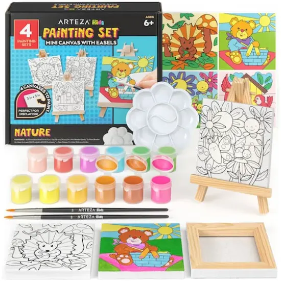 Arteza&reg; Kids Canvas Paint Kit, 4 Mini Canvas- 3 x 3 with Easel, Nature {1}