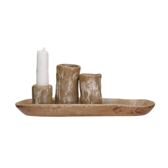 Hello Honey&reg; Brown Stoneware Vases & Candle Holder on Tray {5}