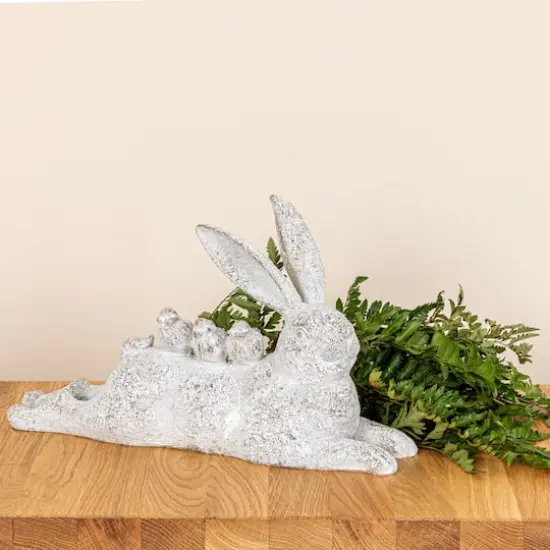 Hello Honey&reg; 16.5" Decorative Resting Rabbit with Birds Figurine White {4}