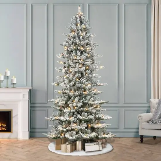 9ft. Pre-Lit Slim Flocked Royal Majestic Artificial Spruce Christmas Tree, Clear Lights {3}