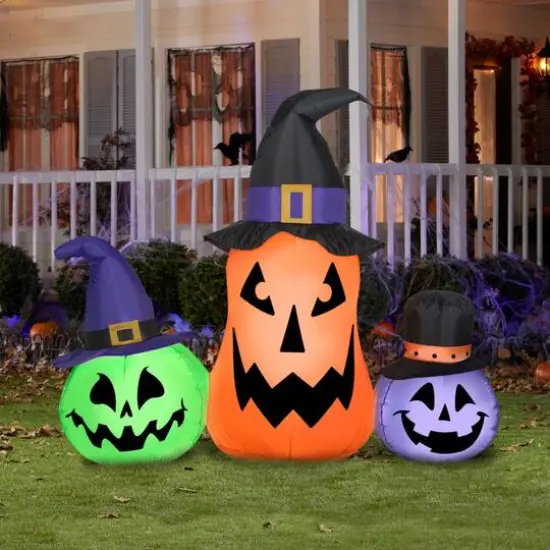4.5ft. Airblown&reg; Inflatable Halloween Whimsical Pumpkin Trio with Hats Scene {3}