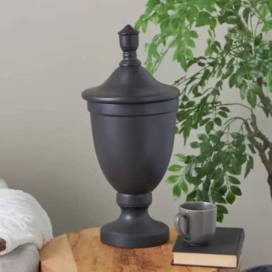 Ceramic Fluted Urn-Shaped Living Room Decorative Jar with Lid Black {3}