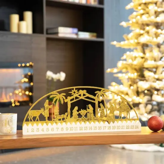 Glitzhome&reg; 23.5" Wooden & Metal Gold Foil Nativity Countdown Calendar D&eacute;cor {3}