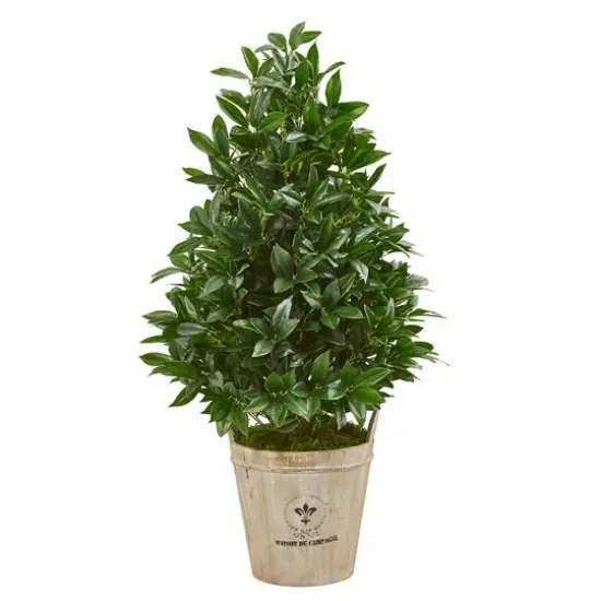 3.5ft. UV Resistant Bay Leaf Cone Topiary Tree in Farmhouse Planter {1}