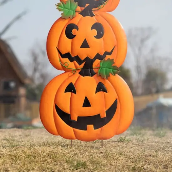 Glitzhome&reg; 3.3ft. Halloween Lighted Metal Stacked Jack-O-Lantern Yard Stake Set {7}
