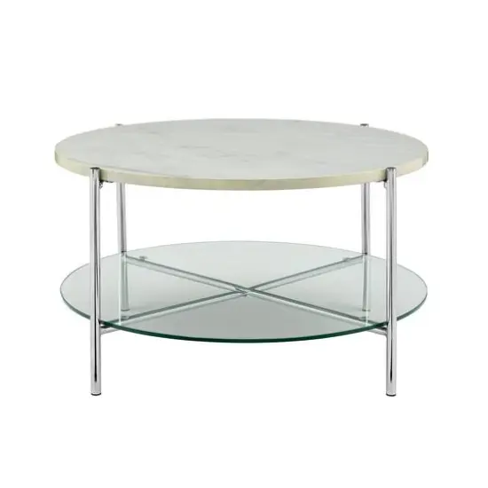 Faux White Marble, Glass & Chrome Modern Round Coffee Table {3}
