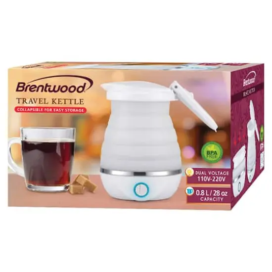 Brentwood White 0.85qt. Dual-Voltage Collapsible Travel Kettle {8}